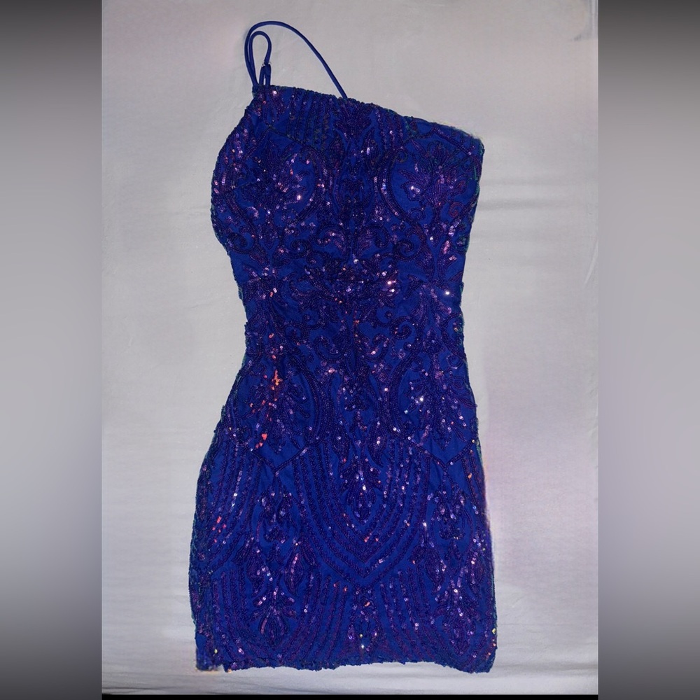 One shoulder blue sequin mini dress
